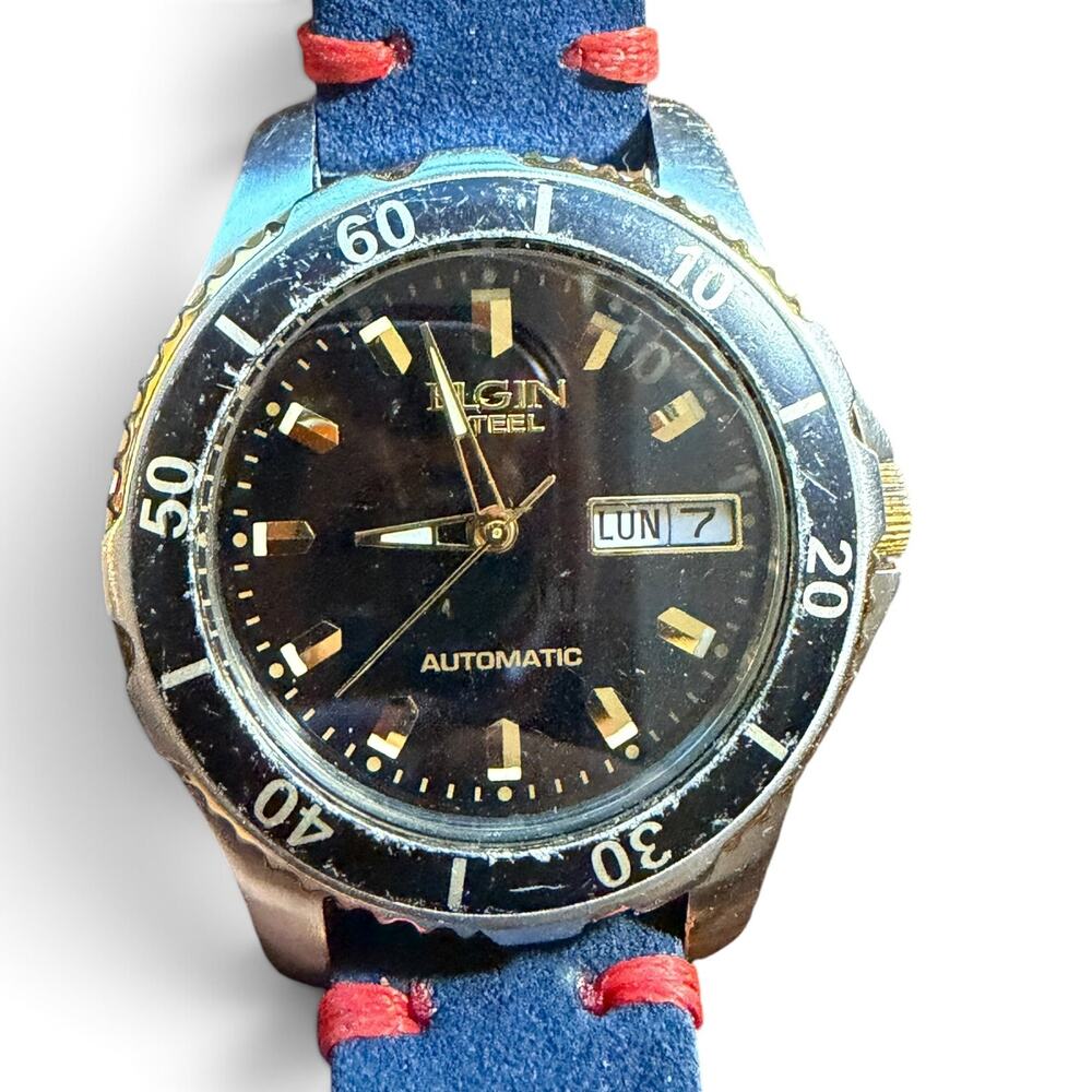 Vintage Elgin Automatic Men's Stainless Steel Watch 21 Jewels Suede Leather Band
